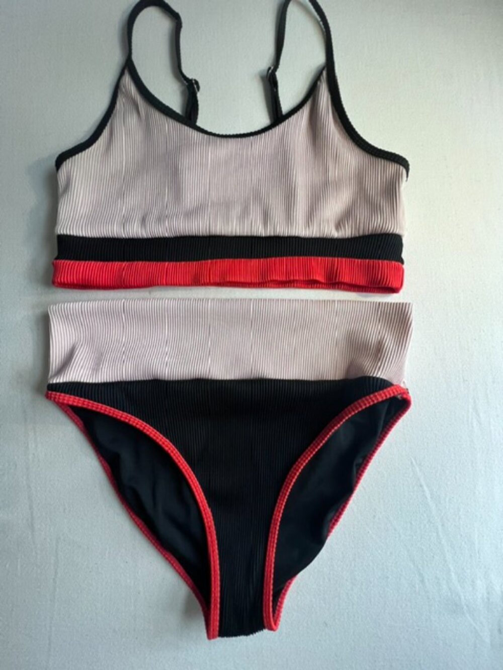 Two Piece Bikini Set ribbed sporty color block pink black orange waist 32 inch L